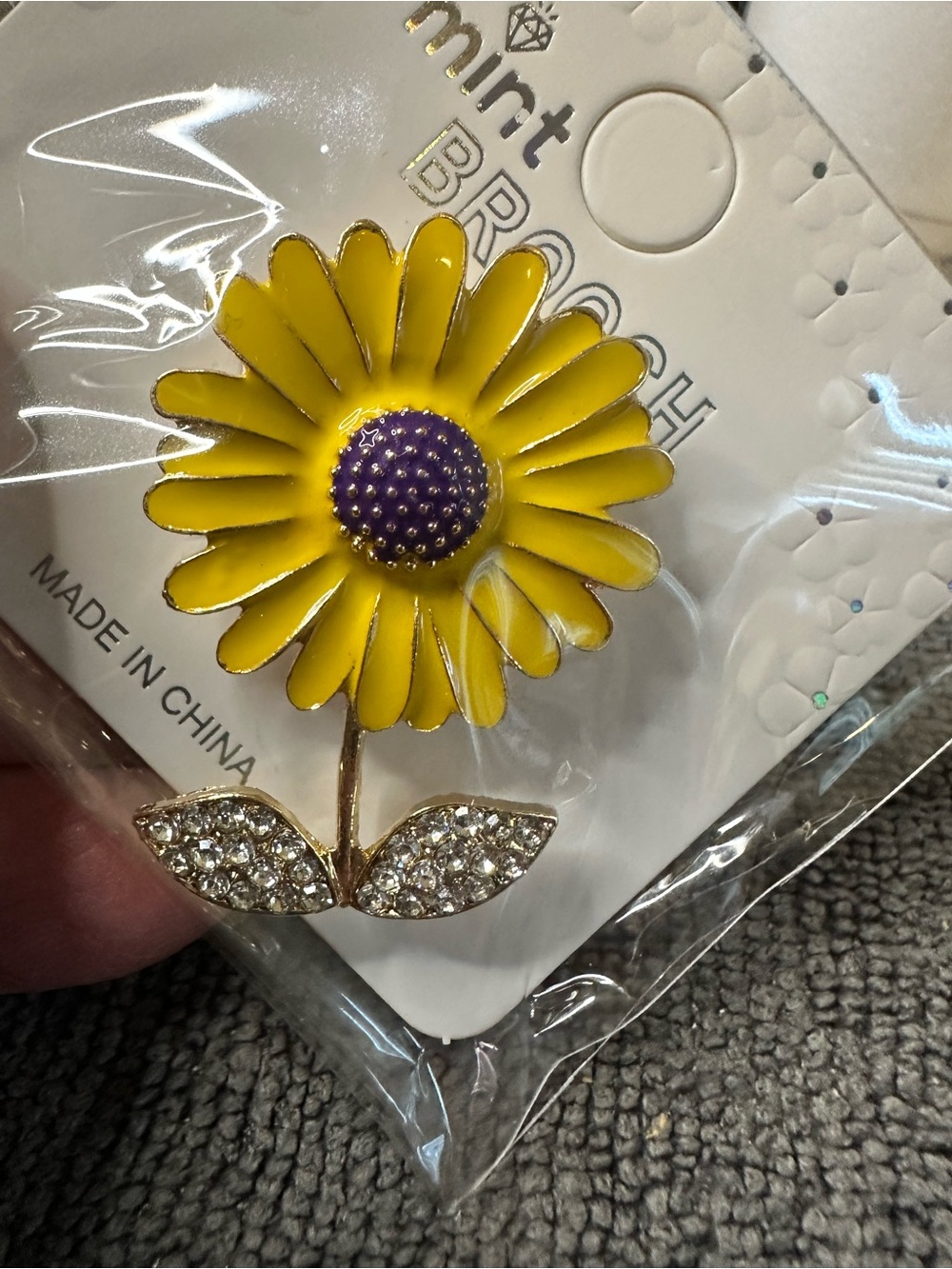 Mint Yellow Daisy Brooch with Purple Center and Crystal Leaves